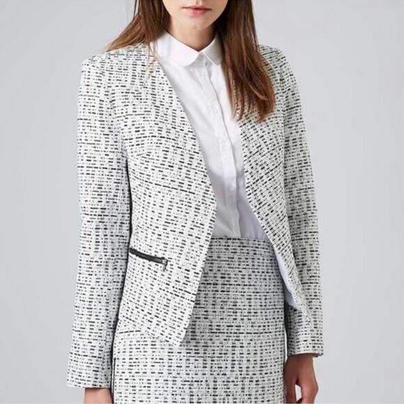 TOPSHOP Tweed Open Front Blazer Jacket sz 4 White Black Zipper Pockets Academia - Picture 1 of 8